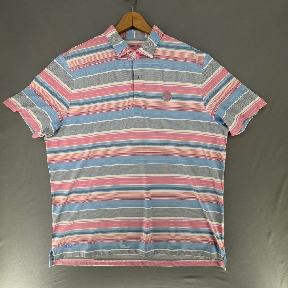 Johnnie-O Gaddy Striped Polo Shirt Mens XXL Malibu Blue Pink Bridgewater Club